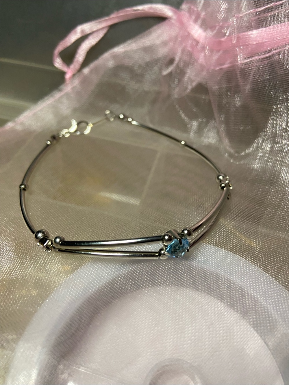 Sterling Silver Blue Crystal Double-Band Bracelet